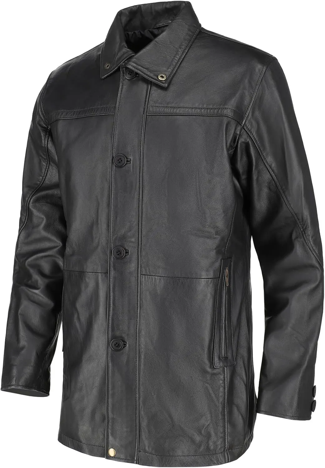 Classic Men's  Length Genuine Lambskin Black Leather Jacket - Coat for Men