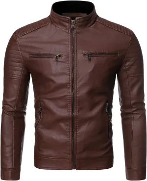 Cloudstyle Men's Casual Faux Leather Jacket Stand Collar Zip-up Biker Motorcycle Jackets