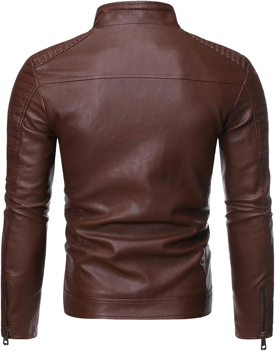 Cloudstyle Men's Casual Faux Leather Jacket Stand Collar Zip-up Biker Motorcycle Jackets
