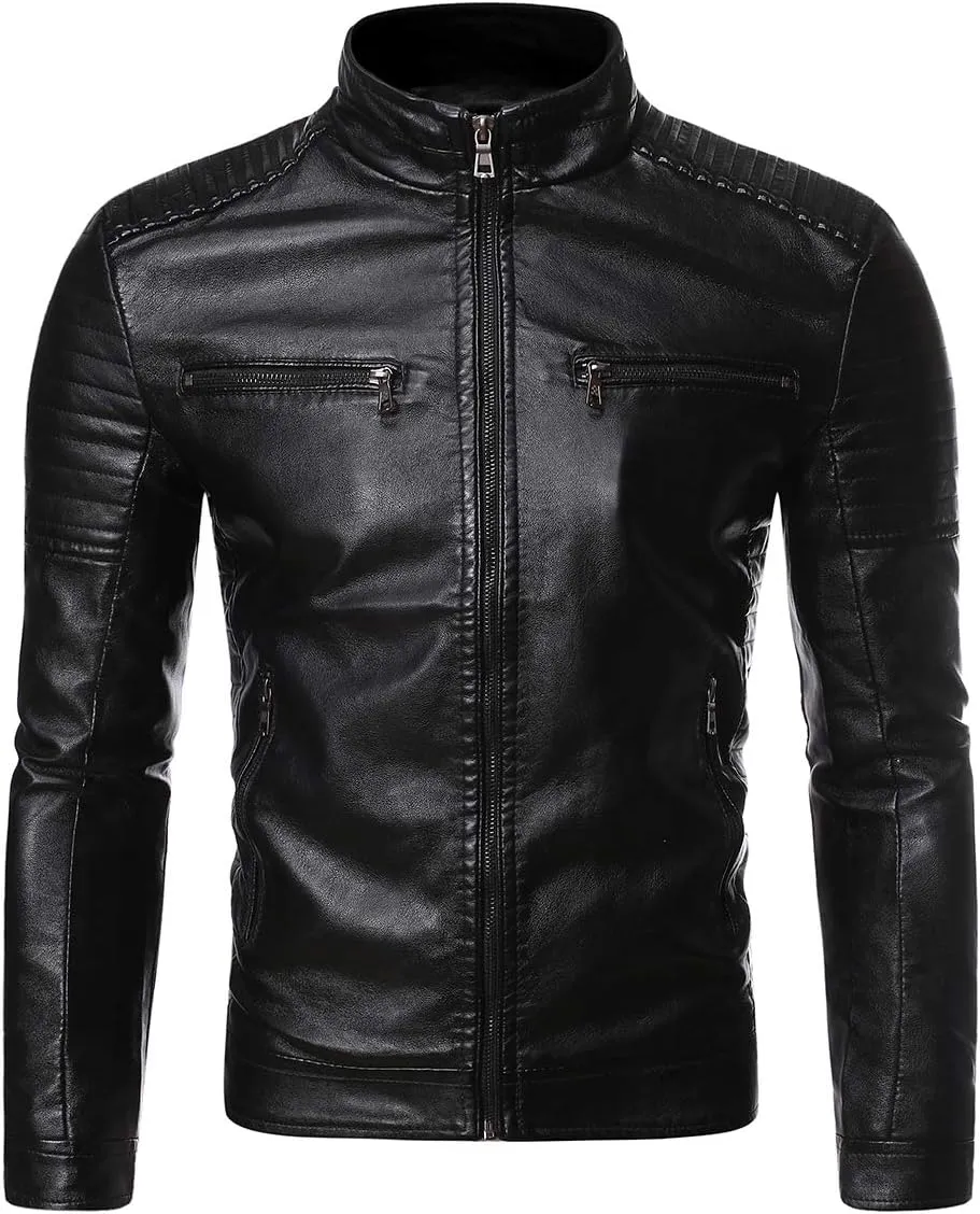 Cloudstyle Men's Casual Faux Leather Jacket Stand Collar Zip-up Biker Motorcycle Jackets