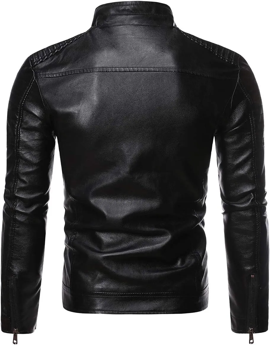 Cloudstyle Men's Casual Faux Leather Jacket Stand Collar Zip-up Biker Motorcycle Jackets
