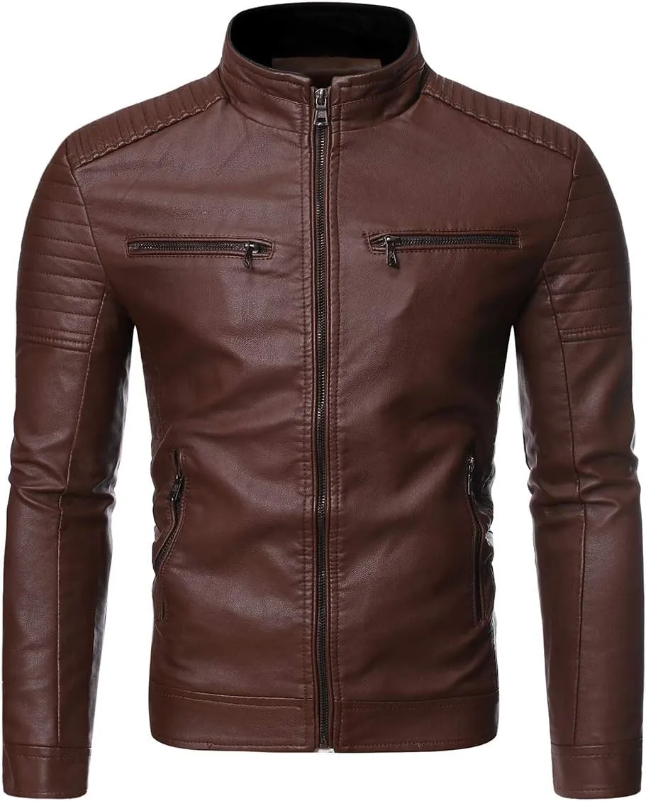 Cloudstyle Men's Casual Faux Leather Jacket Stand Collar Zip-up Biker Motorcycle Jackets