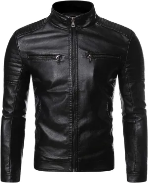 Cloudstyle Men's Casual Faux Leather Jacket Stand Collar Zip-up Biker Motorcycle Jackets