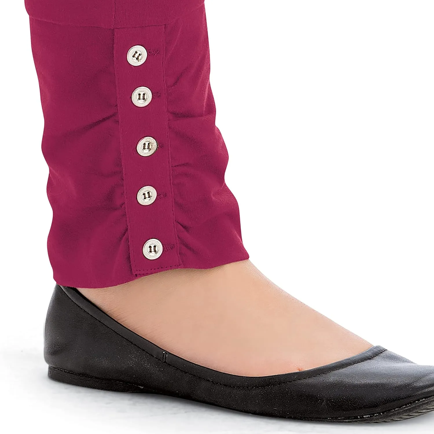 Collections Etc Cinched Ankle Leggings with Button Accents and Elastic Waistband, 30" L Inseam, Made of Cotton and Spandex