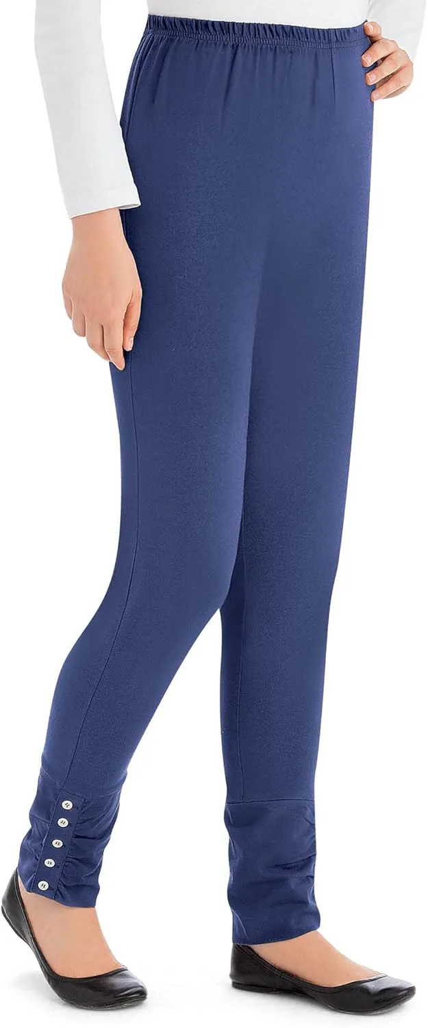 Collections Etc Cinched Ankle Leggings with Button Accents and Elastic Waistband, 30" L Inseam, Made of Cotton and Spandex