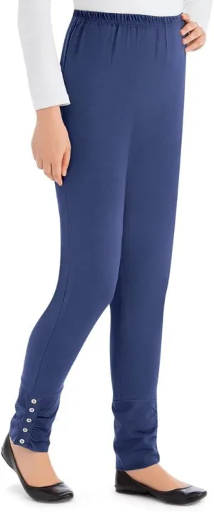 Collections Etc Cinched Ankle Leggings with Button Accents and Elastic Waistband, 30" L Inseam, Made of Cotton and Spandex