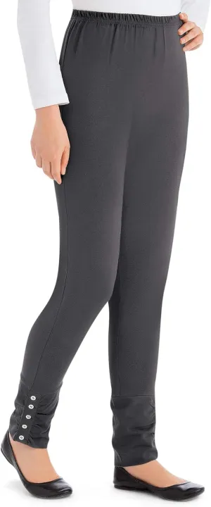 Collections Etc Cinched Ankle Leggings with Button Accents and Elastic Waistband, 30" L Inseam, Made of Cotton and Spandex