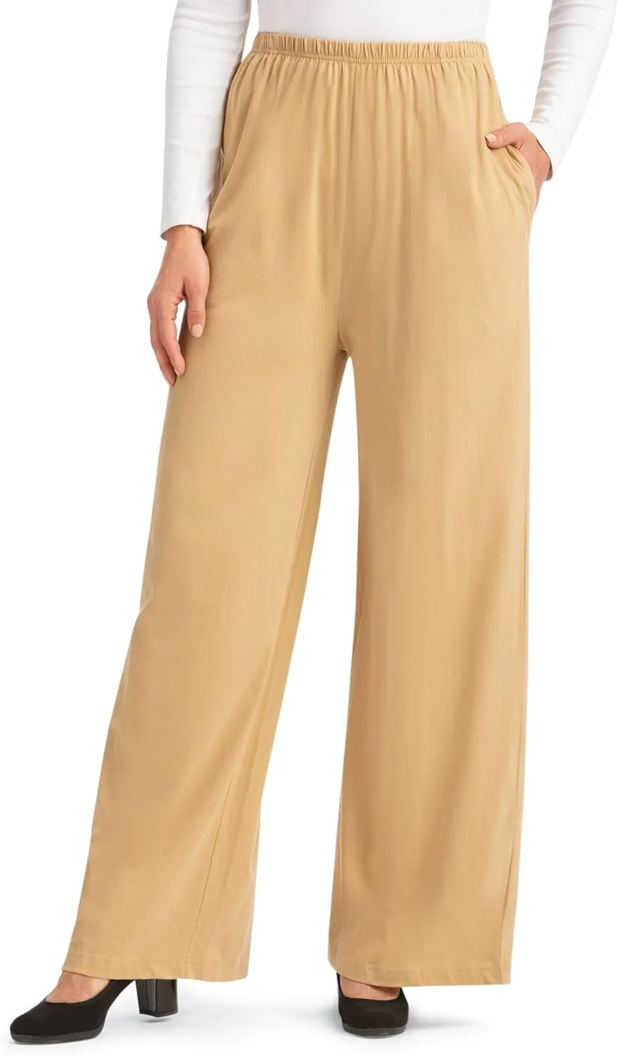 Collections Etc Wide Leg Elasticized Waist Knit Pants with Side Pockets