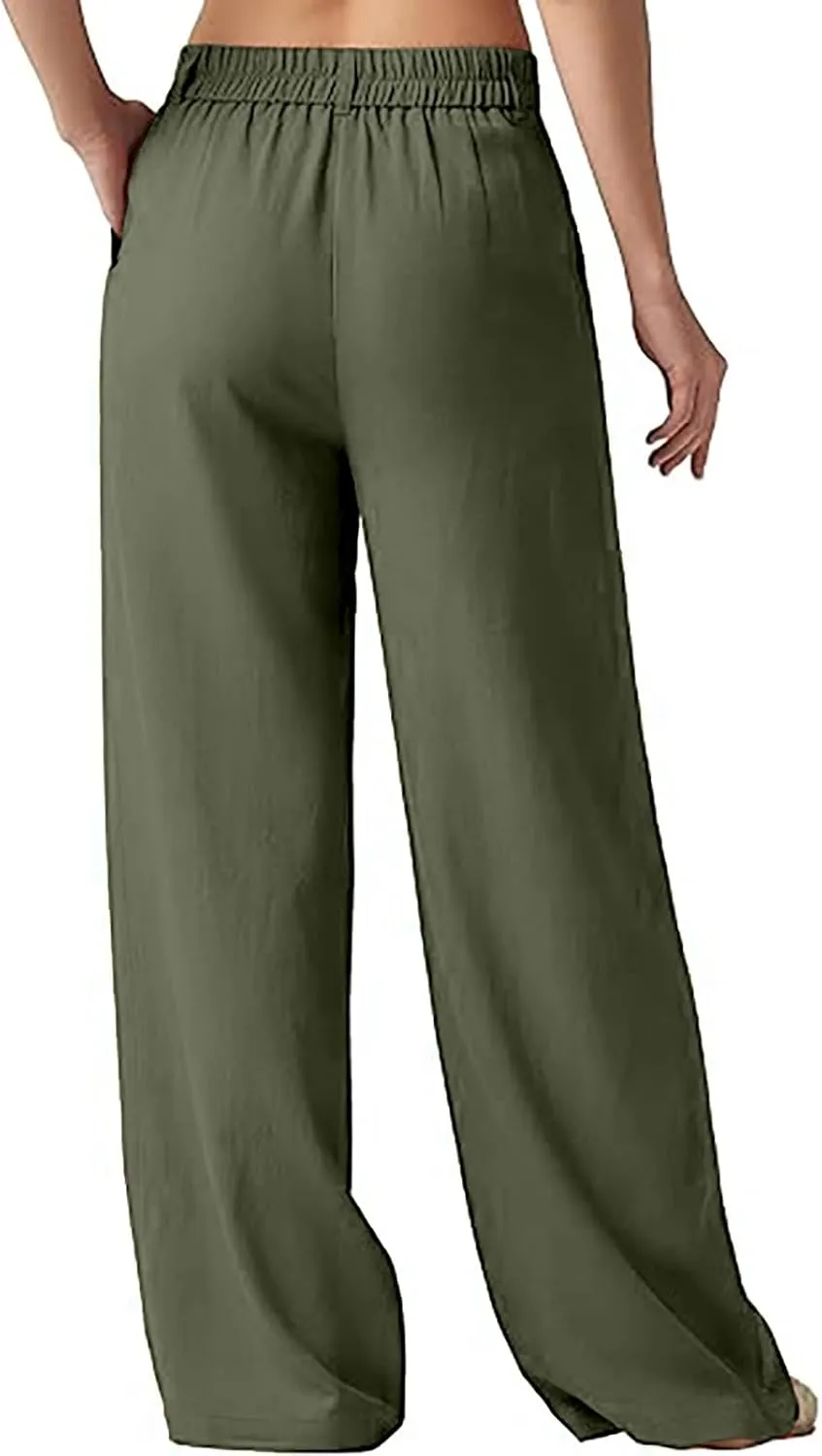Comfy Wide Leg Cropped Pants for Women, Soft Cotton Linen Lounge Trousers, Elastic Waist Summer Casual Wear