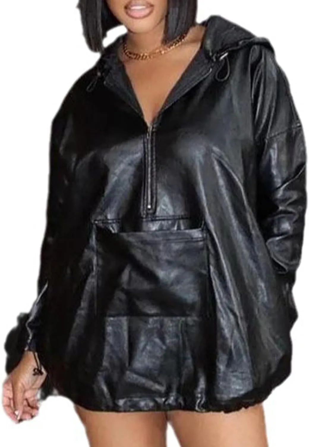 CORIRESHA Women's Faux Leather Long Sleeve Half Zip Drawstring Pockets Hoodie Outerwear