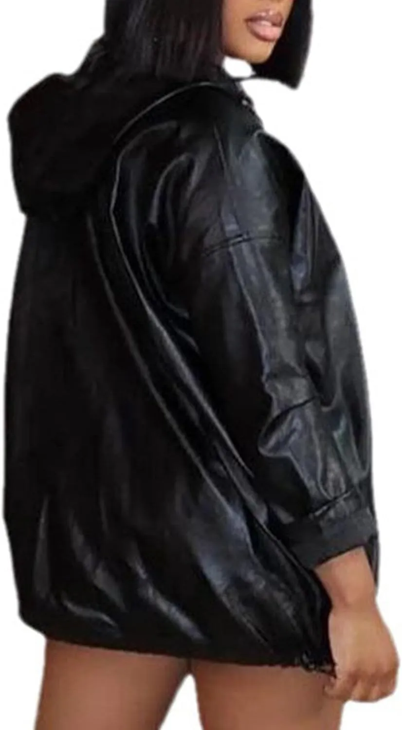 CORIRESHA Women's Faux Leather Long Sleeve Half Zip Drawstring Pockets Hoodie Outerwear