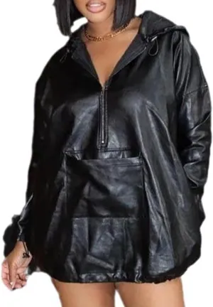 CORIRESHA Women's Faux Leather Long Sleeve Half Zip Drawstring Pockets Hoodie Outerwear