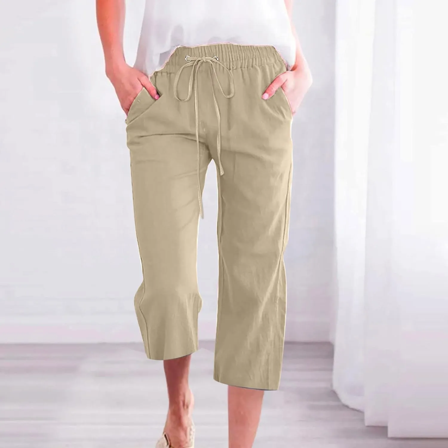 Cotton Linen Capri Pants for Women 2025 Casual Summer Drawstring Elastic Waist Wide Leg Cropped Trousers with Pockets