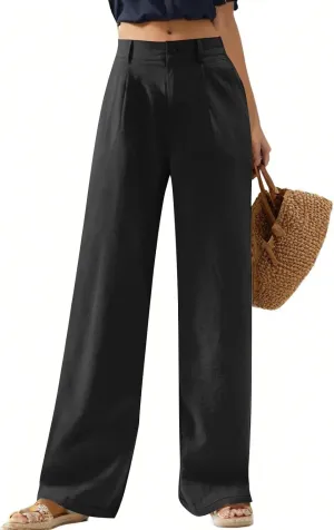 Cotton Linen Work Pants Women Business Casual Button Down Elastic High Waisted Wide Leg Lounge Pants Beach Trousers