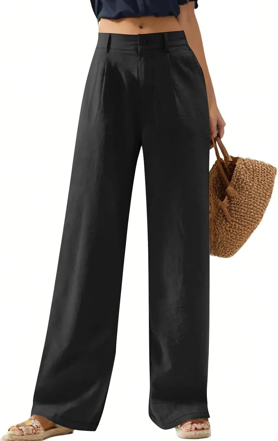 Cotton Linen Work Pants Women Business Casual Button Down Elastic High Waisted Wide Leg Lounge Pants Beach Trousers