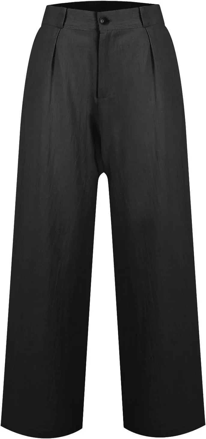Cotton Linen Work Pants Women Business Casual Button Down Elastic High Waisted Wide Leg Lounge Pants Beach Trousers