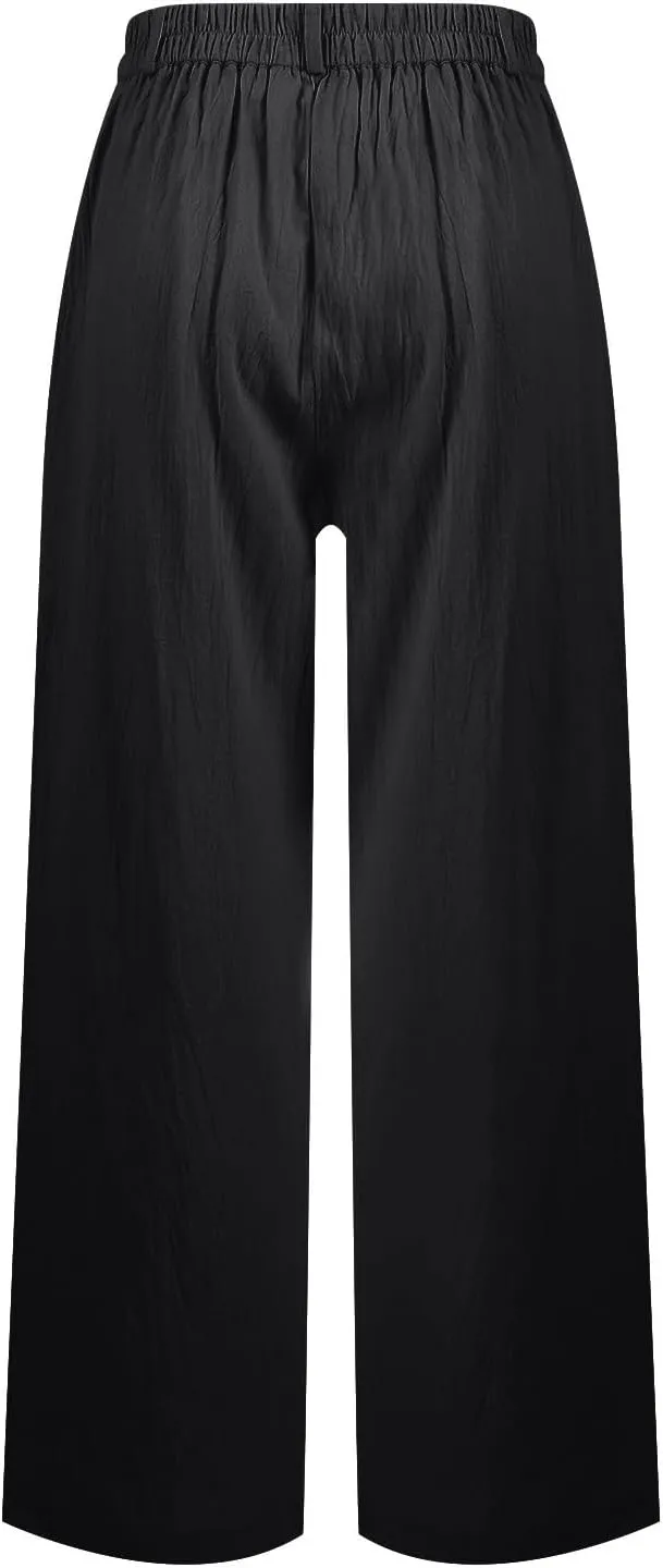 Cotton Linen Work Pants Women Business Casual Button Down Elastic High Waisted Wide Leg Lounge Pants Beach Trousers