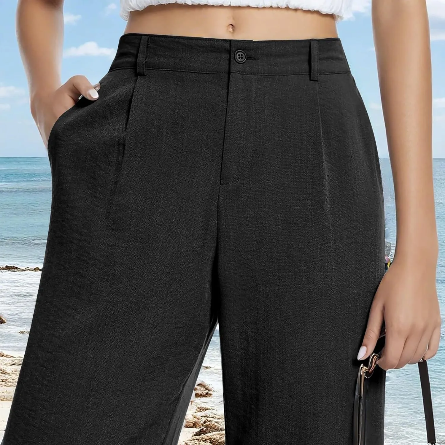 Cotton Linen Work Pants Women Business Casual Button Down Elastic High Waisted Wide Leg Lounge Pants Beach Trousers
