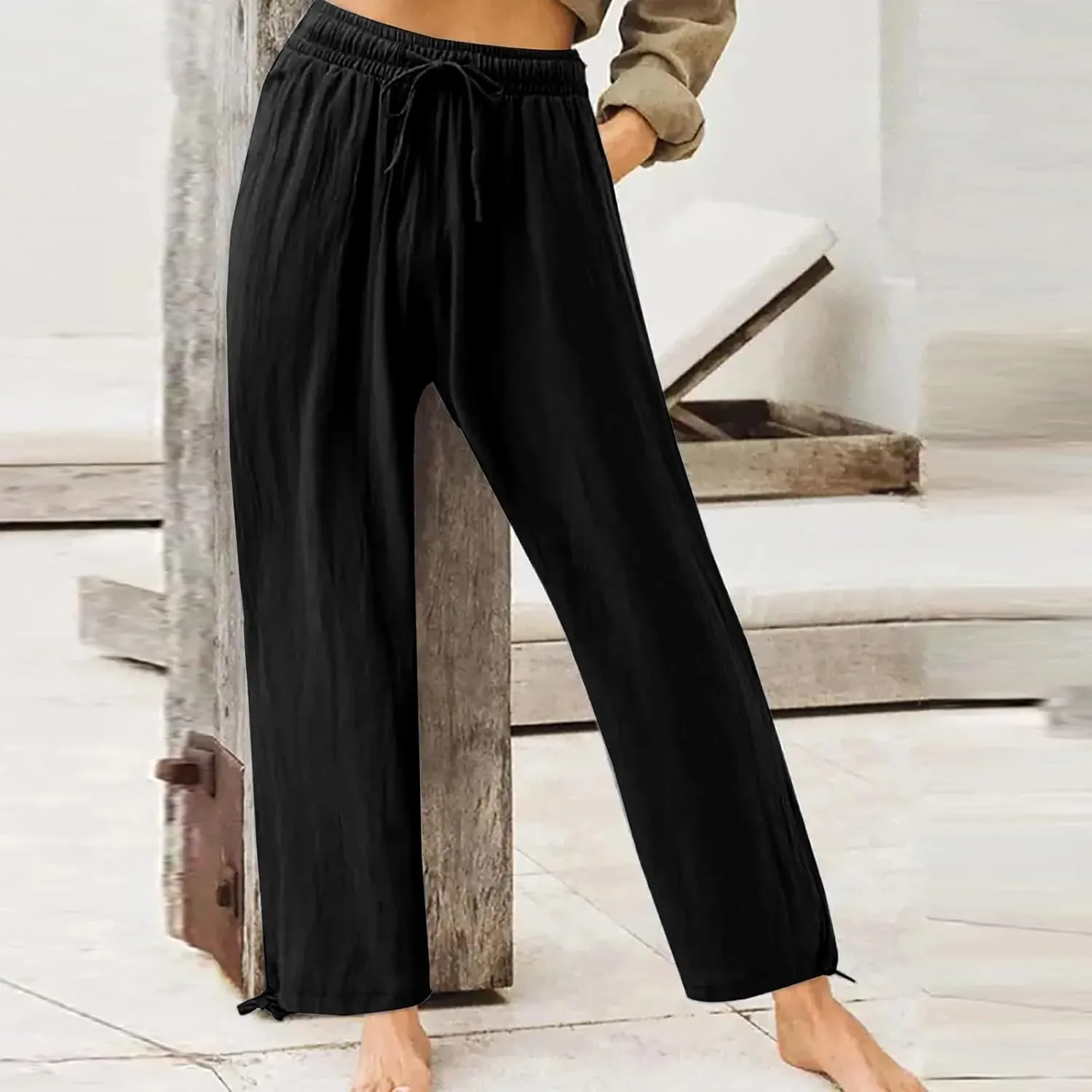 Cotton Linen Yoga Pants Drawstring Waisted Solid Joggers Pants Summer Straight Leg Athletic Pants