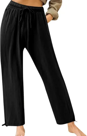 Cotton Linen Yoga Pants Drawstring Waisted Solid Joggers Pants Summer Straight Leg Athletic Pants