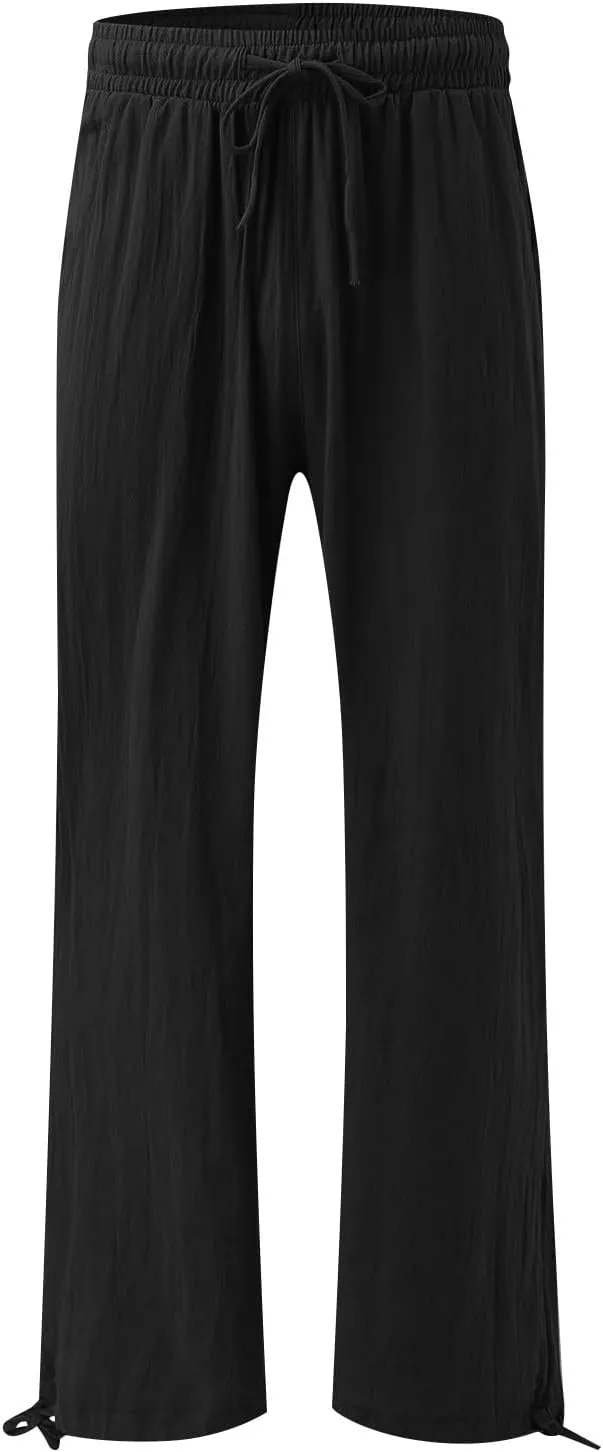 Cotton Linen Yoga Pants Drawstring Waisted Solid Joggers Pants Summer Straight Leg Athletic Pants