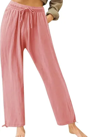 Cotton Linen Yoga Pants Drawstring Waisted Solid Joggers Pants Summer Straight Leg Athletic Pants