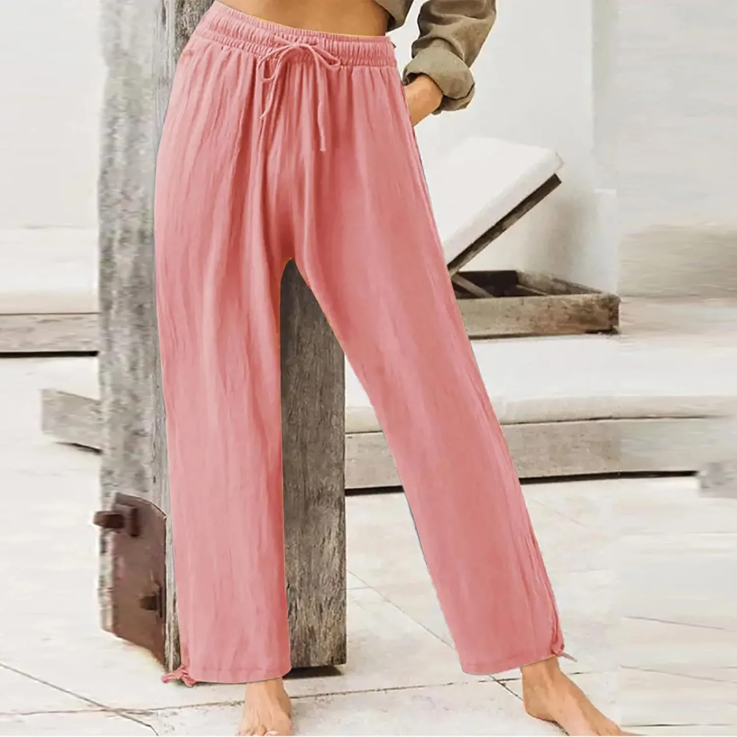 Cotton Linen Yoga Pants Drawstring Waisted Solid Joggers Pants Summer Straight Leg Athletic Pants