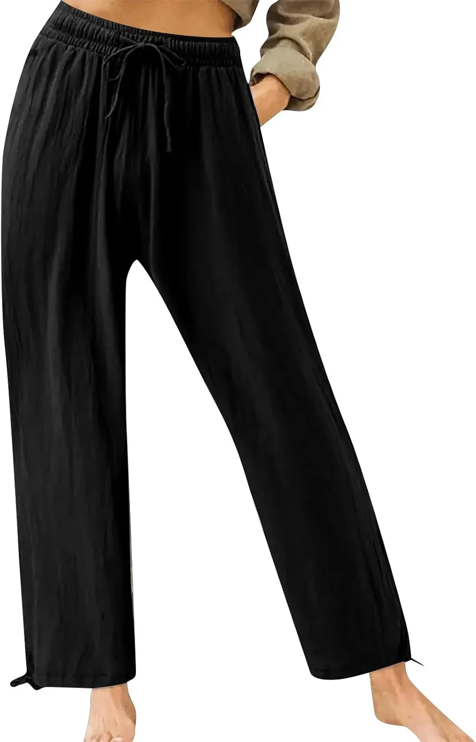 Cotton Linen Yoga Pants Drawstring Waisted Solid Joggers Pants Summer Straight Leg Athletic Pants
