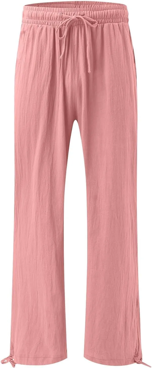 Cotton Linen Yoga Pants Drawstring Waisted Solid Joggers Pants Summer Straight Leg Athletic Pants