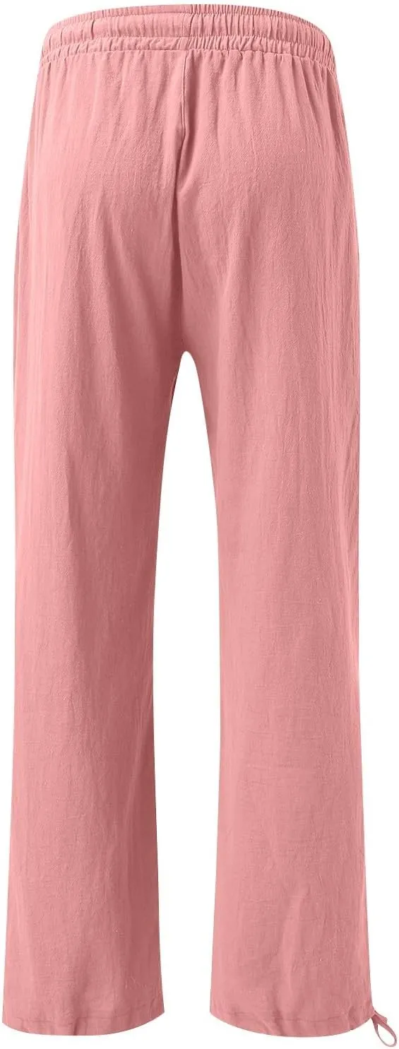 Cotton Linen Yoga Pants Drawstring Waisted Solid Joggers Pants Summer Straight Leg Athletic Pants