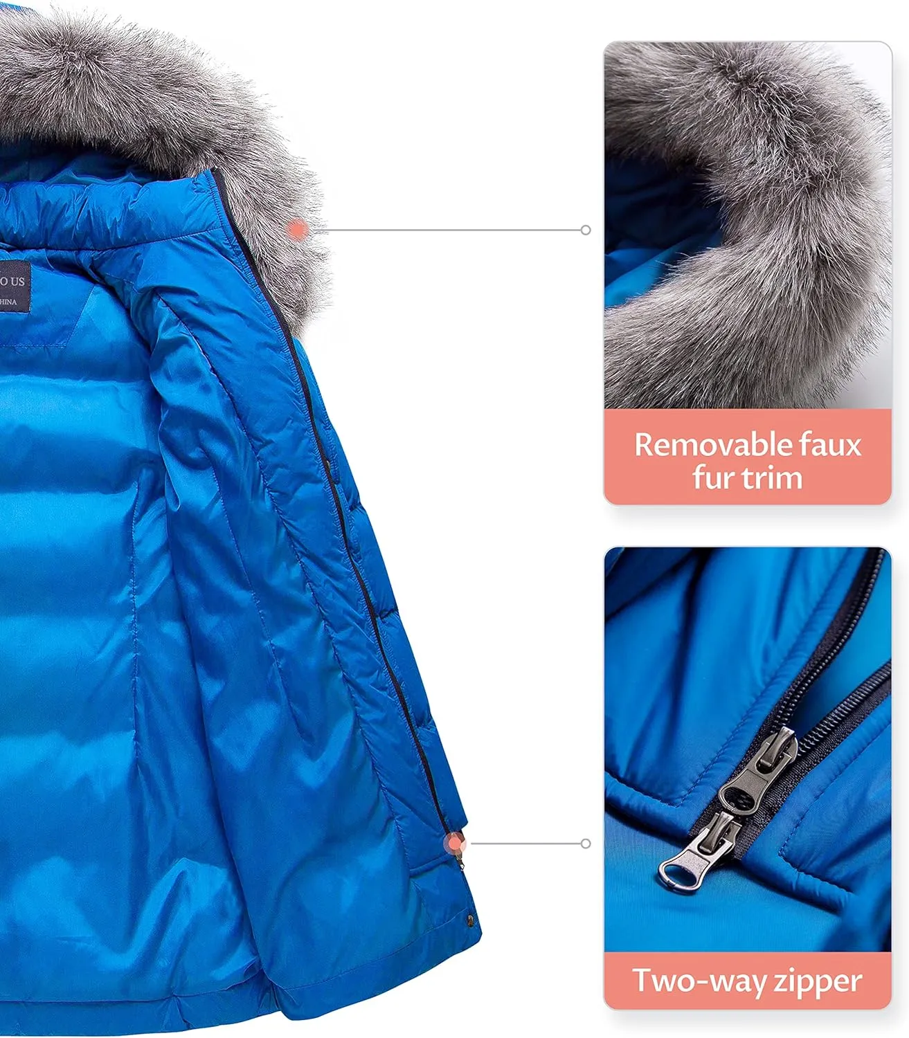 CREATMO US Women's Winter Snow Jacket Long Fur Puffer Coat With Removable Faux Fur Trim
