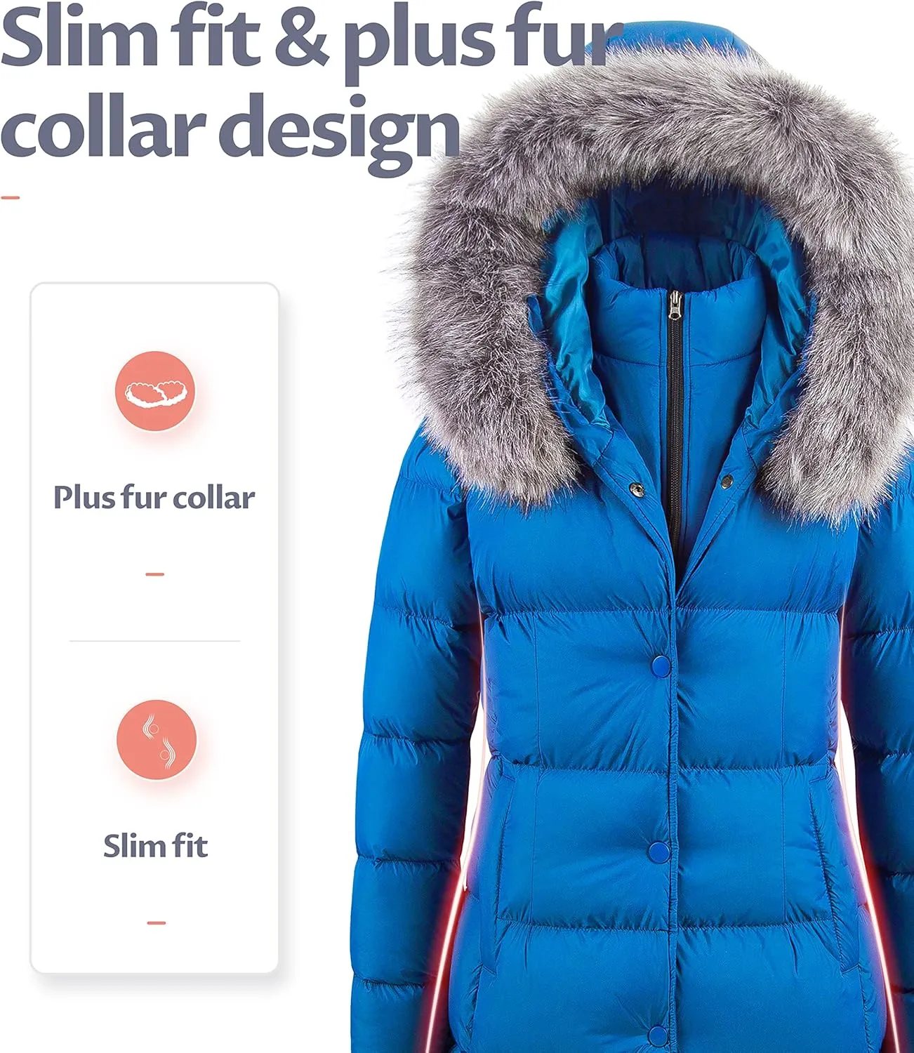 CREATMO US Women's Winter Snow Jacket Long Fur Puffer Coat With Removable Faux Fur Trim