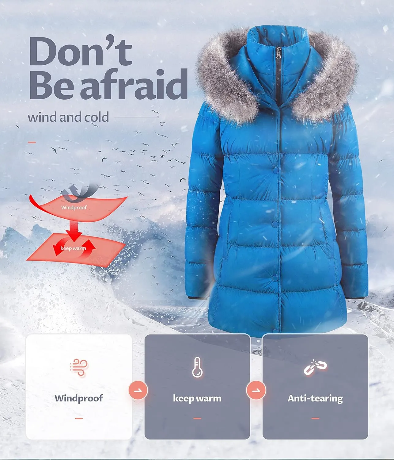 CREATMO US Women's Winter Snow Jacket Long Fur Puffer Coat With Removable Faux Fur Trim