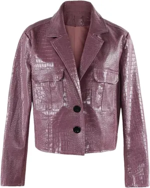 Crocodile Printed Shiny Pu Leather Jacket Women Long Sleeve Y2K Short Cropped Jacket