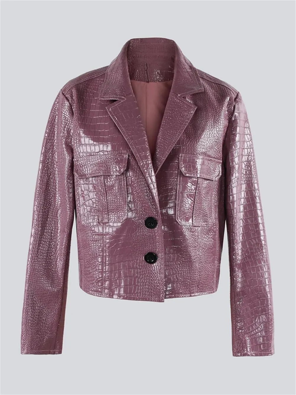 Crocodile Printed Shiny Pu Leather Jacket Women Long Sleeve Y2K Short Cropped Jacket