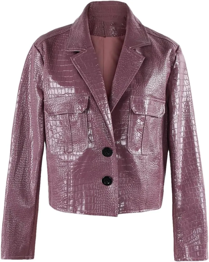 Crocodile Printed Shiny Pu Leather Jacket Women Long Sleeve Y2K Short Cropped Jacket