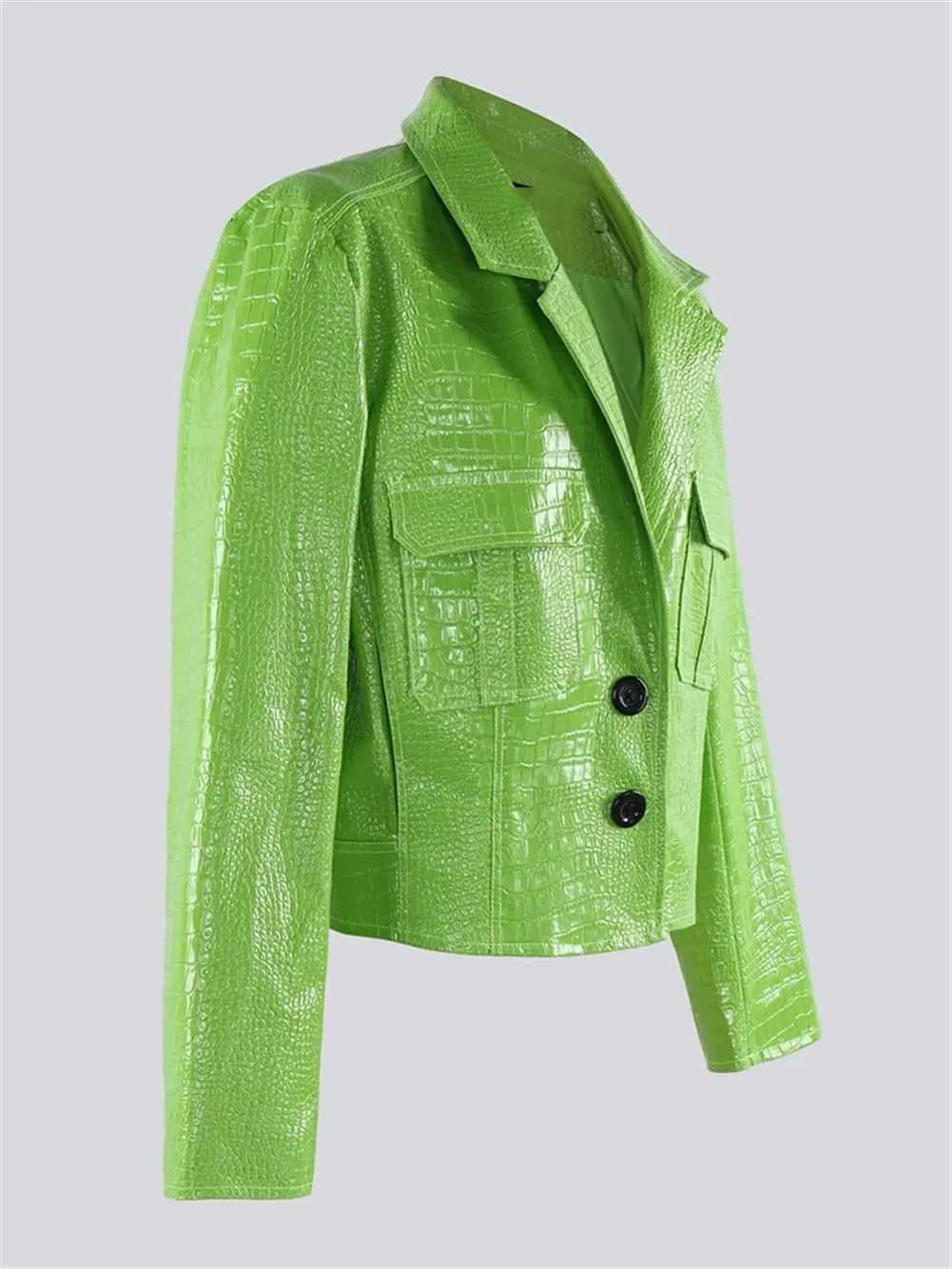 Crocodile Printed Shiny Pu Leather Jacket Women Long Sleeve Y2K Short Cropped Jacket