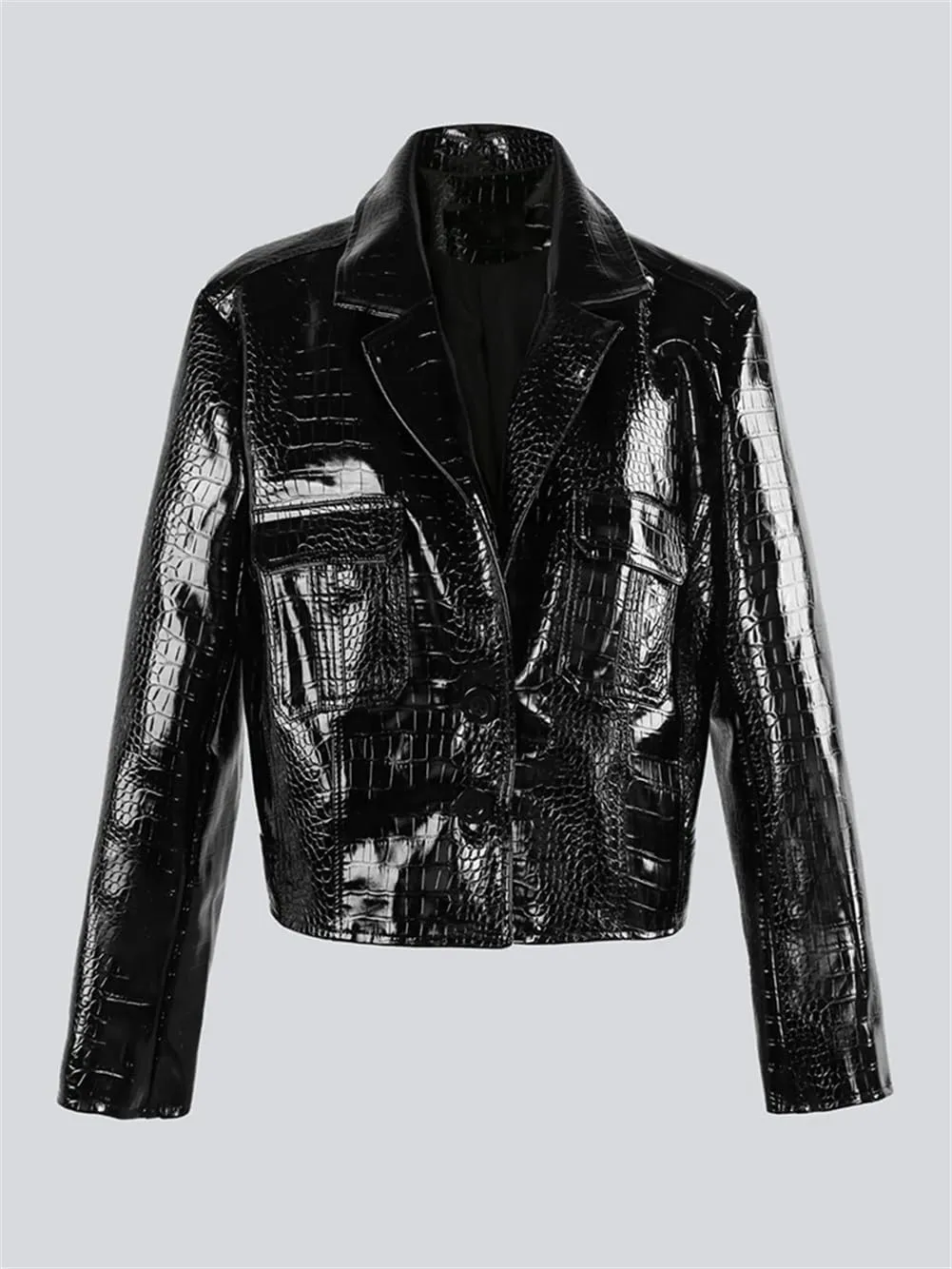 Crocodile Printed Shiny Pu Leather Jacket Women Long Sleeve Y2K Short Cropped Jacket
