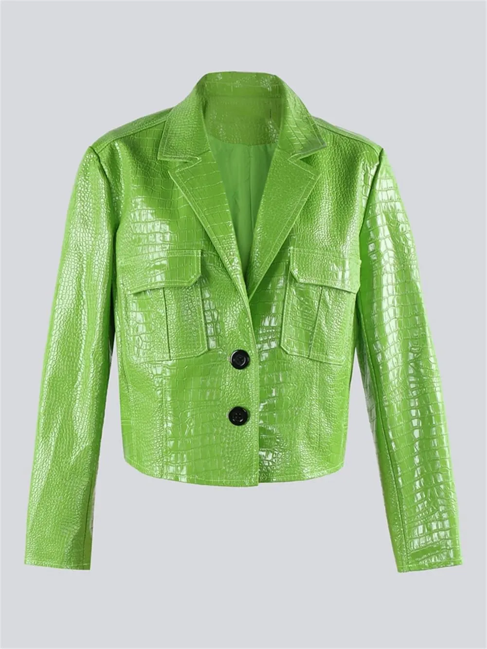 Crocodile Printed Shiny Pu Leather Jacket Women Long Sleeve Y2K Short Cropped Jacket