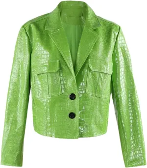 Crocodile Printed Shiny Pu Leather Jacket Women Long Sleeve Y2K Short Cropped Jacket