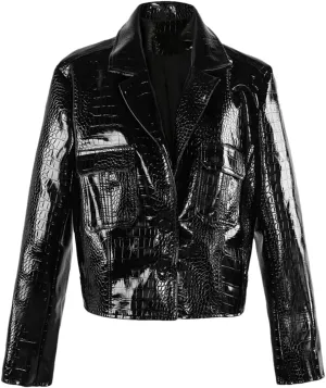 Crocodile Printed Shiny Pu Leather Jacket Women Long Sleeve Y2K Short Cropped Jacket
