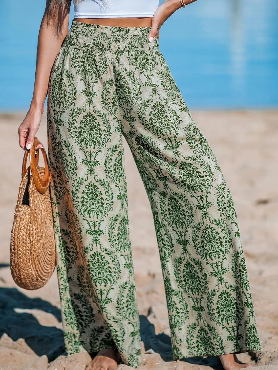 CUPSHE Womens Wide Leg Pants Elastic High Waisted Beach Trousers Cotton Linen Summer Palazzo