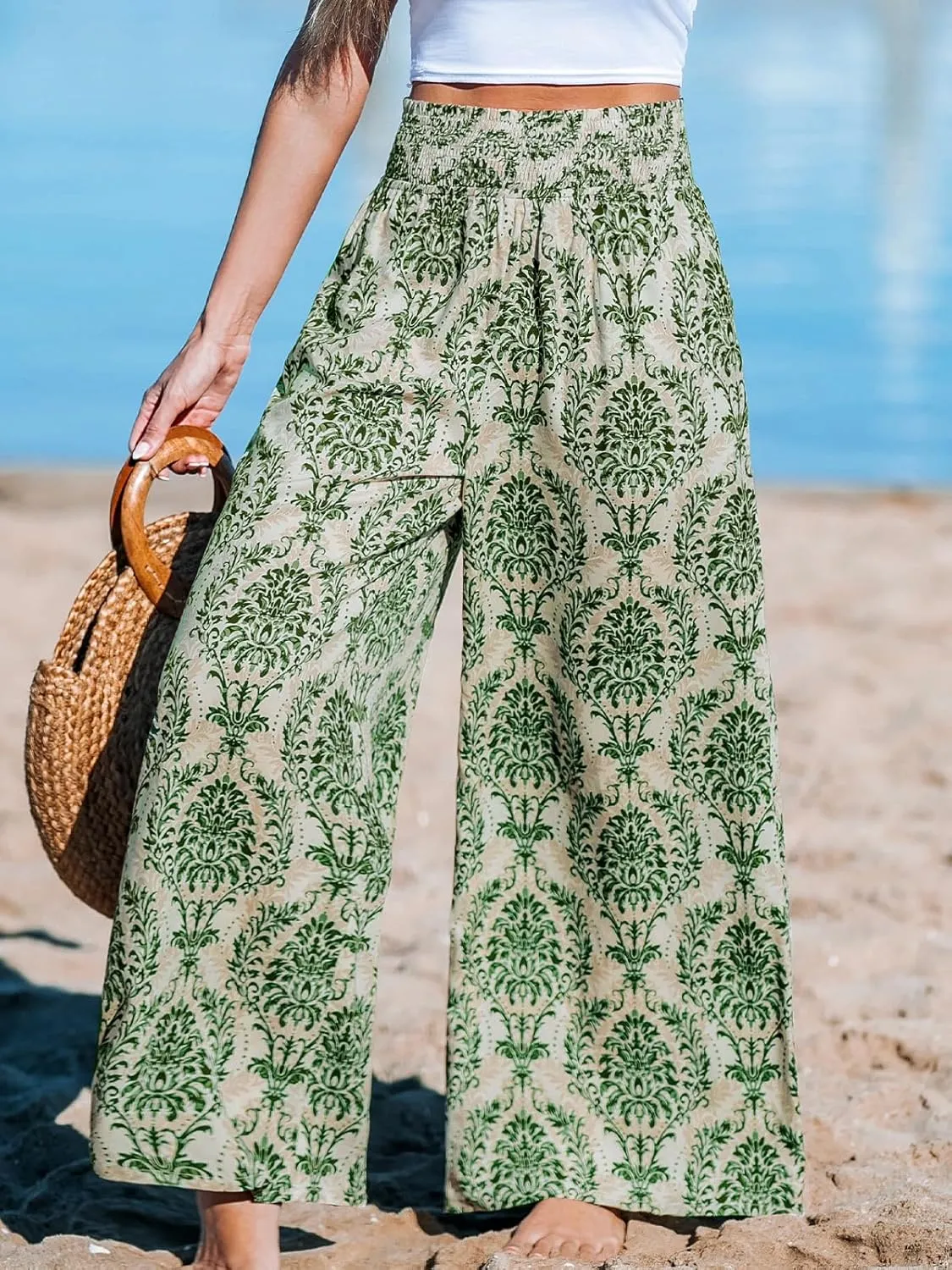 CUPSHE Womens Wide Leg Pants Elastic High Waisted Beach Trousers Cotton Linen Summer Palazzo