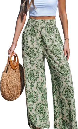 CUPSHE Womens Wide Leg Pants Elastic High Waisted Beach Trousers Cotton Linen Summer Palazzo