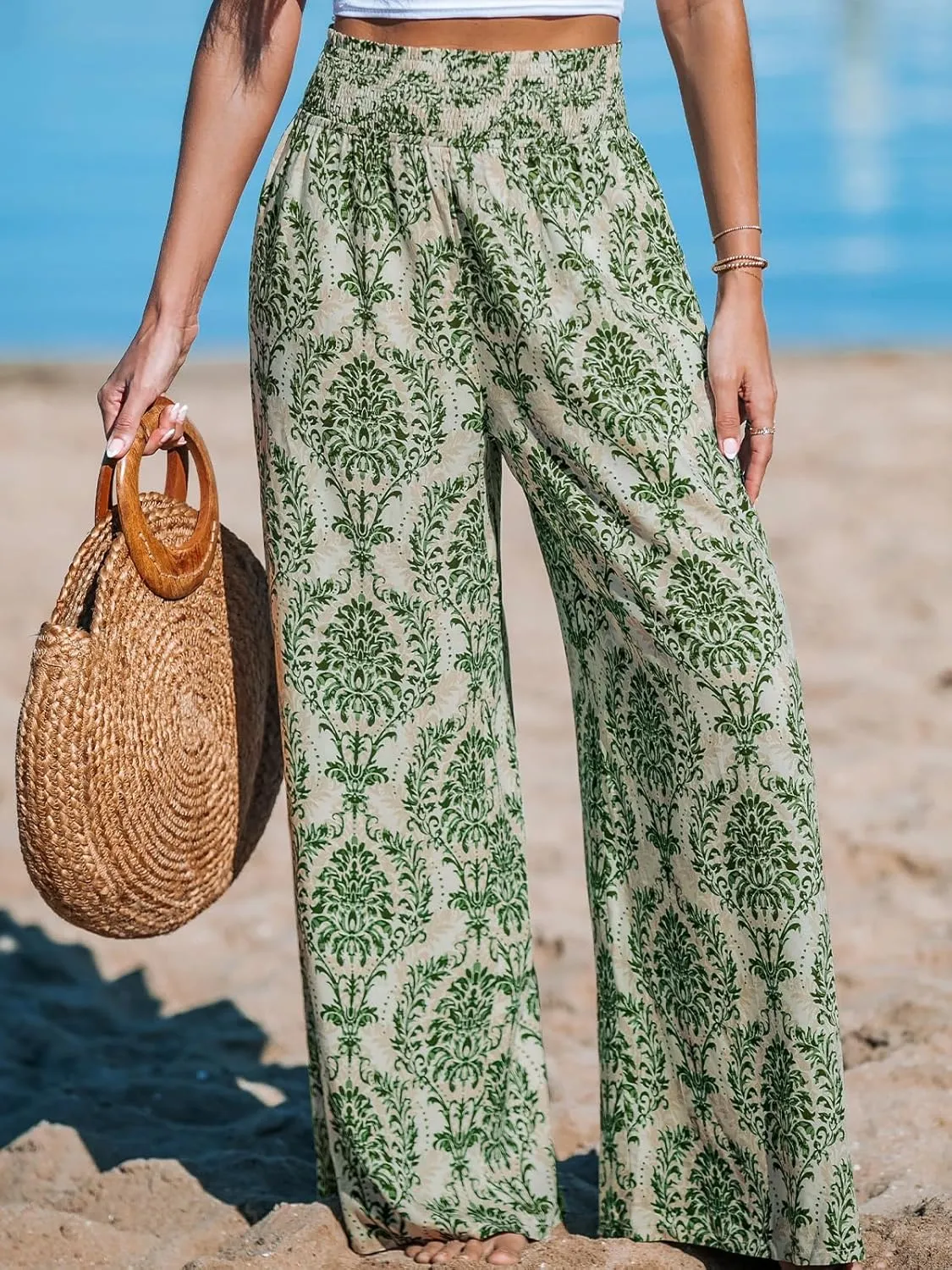 CUPSHE Womens Wide Leg Pants Elastic High Waisted Beach Trousers Cotton Linen Summer Palazzo