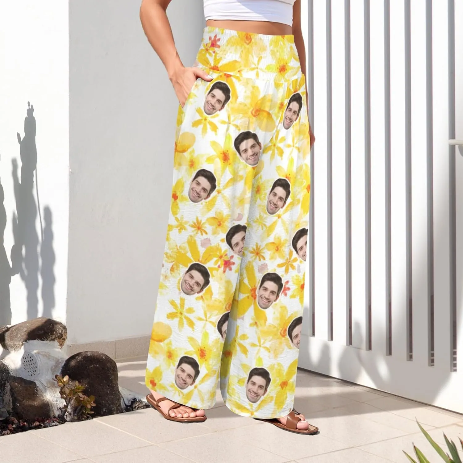 Custom Face Wide Leg Pants for Women Personalized Summer Beach Flowy High Waist Trousers with Pockets 2024 Fun Gift