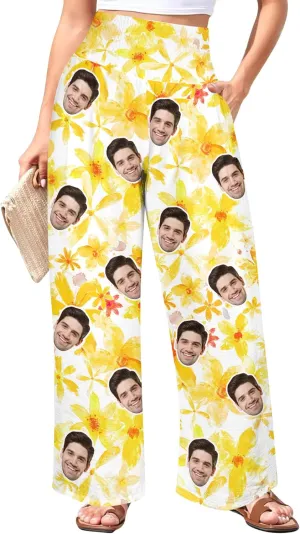 Custom Face Wide Leg Pants for Women Personalized Summer Beach Flowy High Waist Trousers with Pockets 2024 Fun Gift