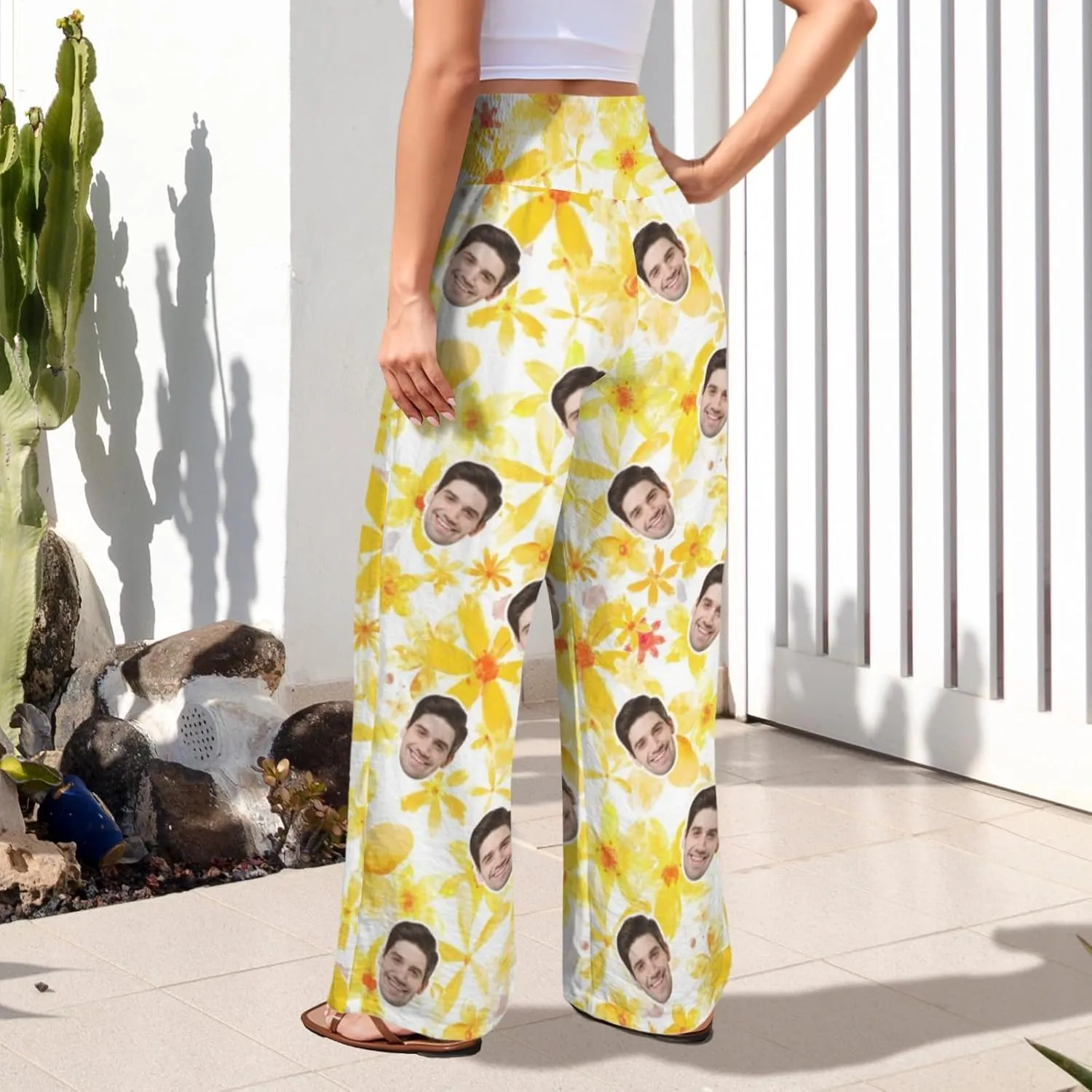 Custom Face Wide Leg Pants for Women Personalized Summer Beach Flowy High Waist Trousers with Pockets 2024 Fun Gift