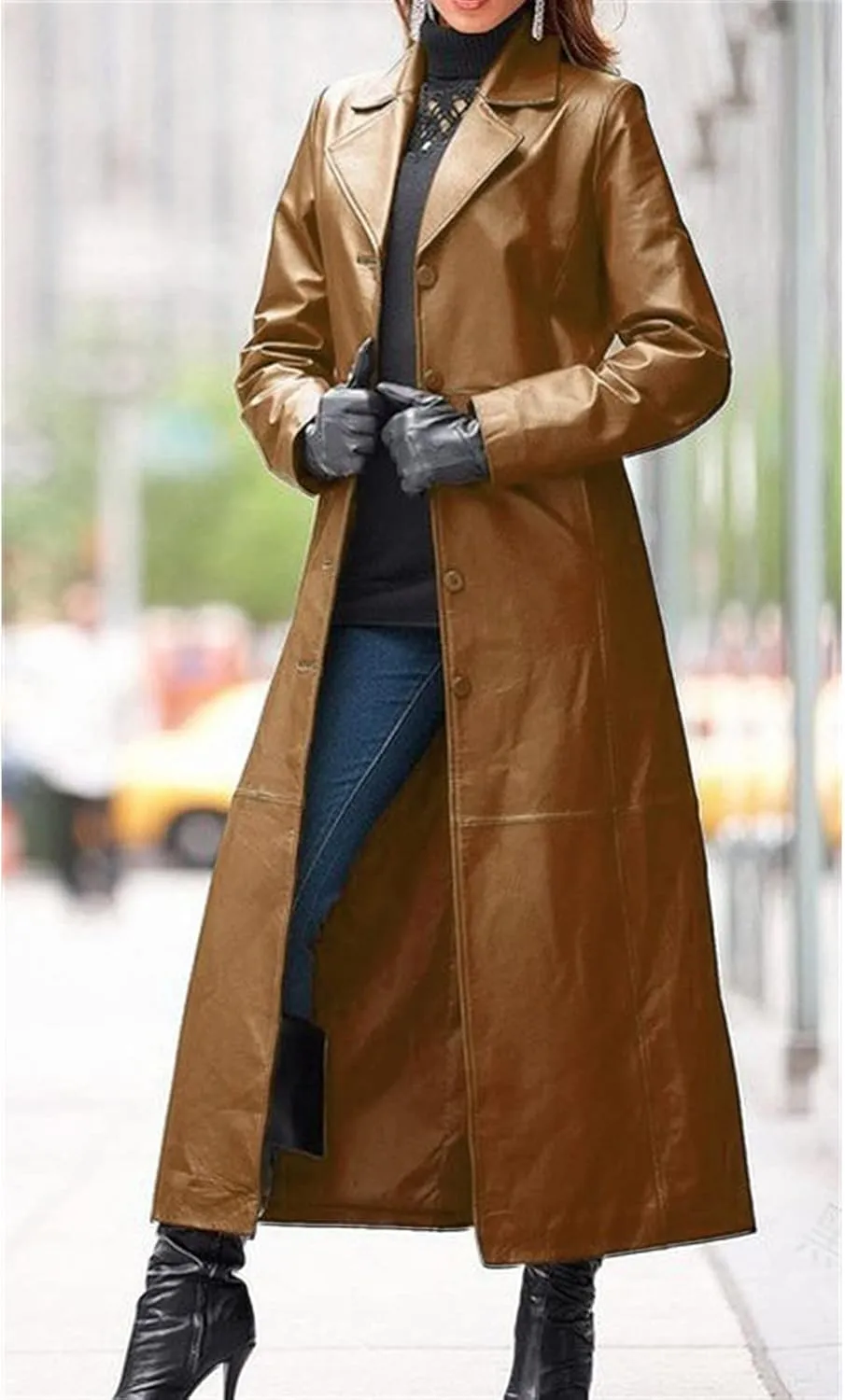 DGHM-JLMY Women Casual Lapel Long Suit Trench Coat Outerwear Slim Slim Leather Windbreaker Faux Leather Long Jacket