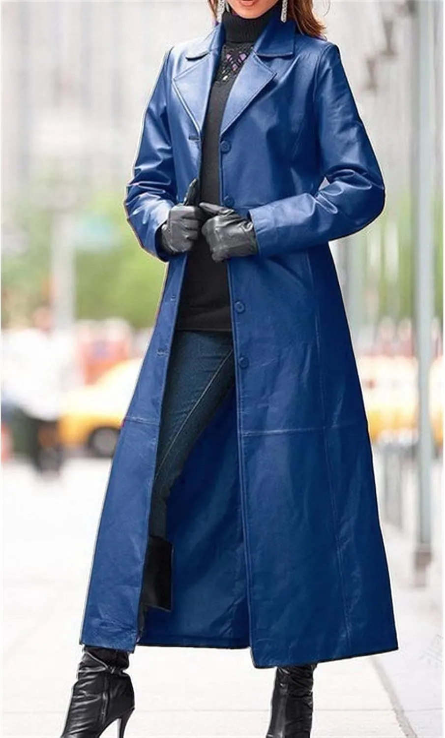 DGHM-JLMY Women Casual Lapel Long Suit Trench Coat Outerwear Slim Slim Leather Windbreaker Faux Leather Long Jacket